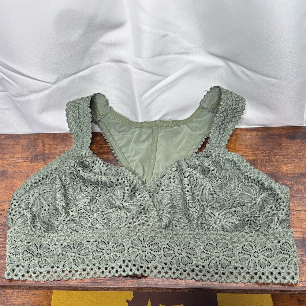 Aerie Lace Racerback Bralette Wireless Green XL Floral Semi-Sheer